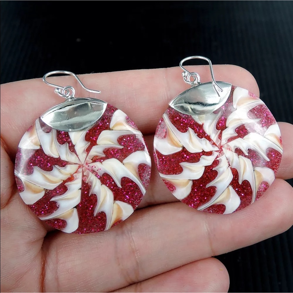 💕Glittery Pink Resin & Shell 925 Silver Earrings
